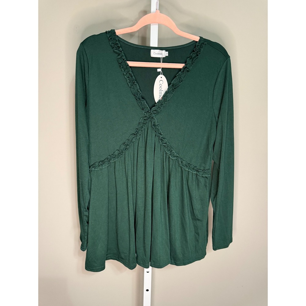 Coolme‎ Green Boho Babydoll Long Sleeve Top L NWT Cottagecore Soft Girl Romantic